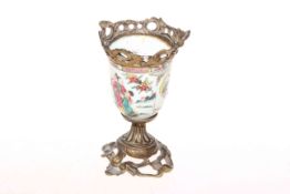 Gilt-metal mounted Chinese Famille Rose cup on stand (a/f)