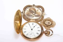 Two hair brooches and a plated pocket watch