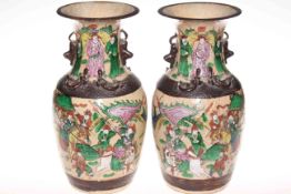 Pair of Chinese enamel decorated crackle glaze vases,