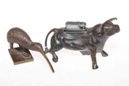 Bull-form lighter and a bronze of a kiwi bird