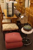 Four various stools, Timex revolving table top display case, lacquered occasional table,