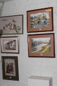 Five various pictures including pair watercolours