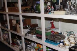 Full shelf of glass, china, books, writing box, jam pans, metalware,