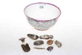 Sunderland lustre bowl, brooch, spoon,