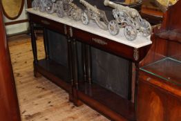 Pair marble topped and brass mounted mahogany console tables,