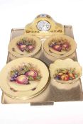 Aynsley fruit decorated plates and mantel clock