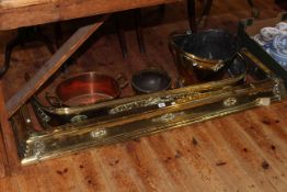 Two brass fenders, swing handled coal scuttle, copper pan and brass planter and box of teaware,