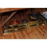 Two brass fenders, swing handled coal scuttle, copper pan and brass planter and box of teaware,