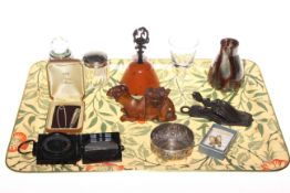 Two silver topped jars, military compass, miniature stanhope binoculars, hand bell, vase,