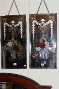 Pair early 20th Century frameless mirrors decorated with vases of flowers
