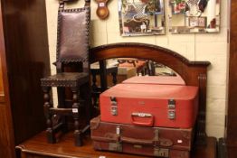 Oak and hide high back child's chair and two vintage suitcases (3)