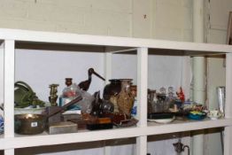 Brass jam pan, candlesticks, assorted china, glass, chess set,