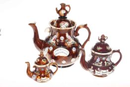 Three graduated Barge Ware teapots