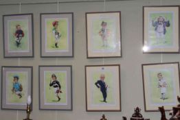 Set of eight framed horse racing caricatures of jockeys and pundits