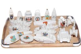 Collection of military related crested china including tanks, ships, cannons,