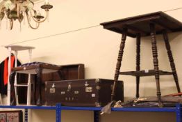 Oak occasional table with cast metal and glass ball feet, vintage Debenhams trunk,