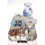 Royal Crown Derby Imari pattern 'Goldfinch Nesting' paperweight and three further pieces,