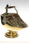 Victorian polished embossed brass coal scuttle with integrated shovel