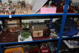 Various glassware, pictures, books, fishing tackle, bag and landing nets,