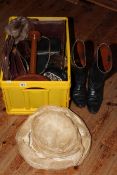 Pair of leather riding boots, various hats, handbags,