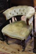 Victorian mahogany open backed occasional chair in buttoned draylon on turned legs