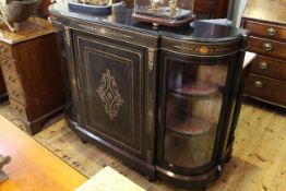 Victorian ebonised, satinwood inlaid and ormolu mounted bow end credenza, 107.5cm by 148.