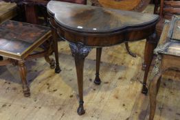 Mahogany shaped Demi Lune fold top card table on carved cabriole legs