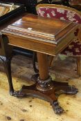 19th Century rosewood teapoy, the interior fitted with four caddies and two mixing bowls,