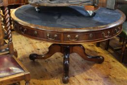Good mahogany drum table having four frieze drawers and four faux drawers raised on quadriform