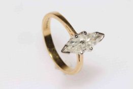 Single stone boat shaped diamond ring set in 18 carat gold, approximately 1.