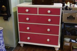 Painted pine chest of two short above three long drawers on turned legs,