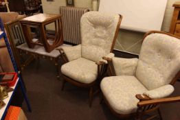 Pair Ercol armchairs, teak tiled top nest of three tables, marble topped and gilt coffee table a/f,