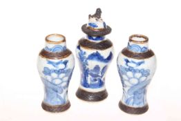 Three small Chinese blue and white crackle glaze vases