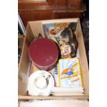 Box of collectables including postcards, costume jewellery, coinage,
