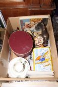 Box of collectables including postcards, costume jewellery, coinage,