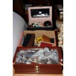 Collection of coins and tokens, AA badges, costume jewellery, pens,