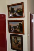 Pair maple framed paintings on glass and five various pictures (7)