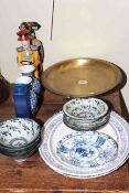 Pair of Oriental figures, blue and white vases, bowls, meat plates,