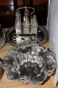 Silver plated ware including six bottle cruet, bowl,