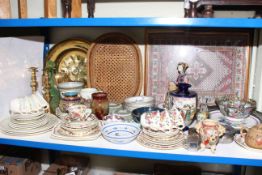 Oriental and other china, pair of brass candlesticks and tray, needlework picture, Masons's teaware,