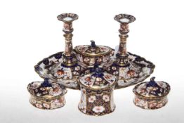 Royal Crown Derby Imari eight piece trinket set with candlesticks