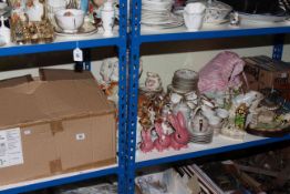 Staffordshire pottery lion and figures, Laura Ashley light fitting, books, tea and coffee ware,