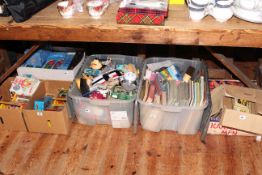 Five boxes of various toys, model vehicles, books, Dr Who articles,