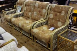 Three piece cane conservatory suite and pair matching side tables
