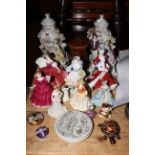 Pair of Continental porcelain figural vases, Royal Doulton and other lady figures, ornaments,