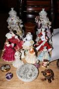 Pair of Continental porcelain figural vases, Royal Doulton and other lady figures, ornaments,