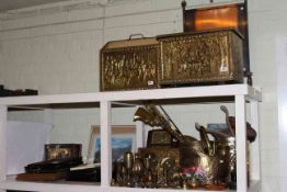 Brass log bin, magazine rack, coal scuttle, stair rods etc, copper fire screen, various pictures,