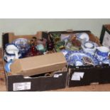 Two boxes of china and glass including blue and white, pair of dogs of fo, seated buddha,