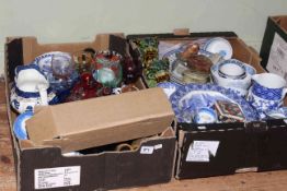 Two boxes of china and glass including blue and white, pair of dogs of fo, seated buddha,