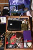 Collection of costume jewellery including jet box frame, lockets,